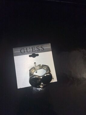 Guess Silver Ring with Black Heart Accent